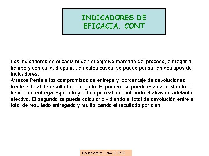 INDICADORES DE EFICACIA. CONT Los indicadores de eficacia miden el objetivo marcado del proceso, INDICADORES DE EFICACIA. CONT Los indicadores de eficacia miden el objetivo marcado del proceso,