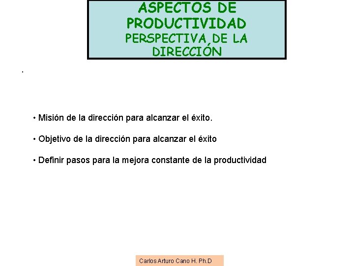 ASPECTOS DE PRODUCTIVIDAD PERSPECTIVA DE LA DIRECCIÓN. • Misión de la dirección para alcanzar ASPECTOS DE PRODUCTIVIDAD PERSPECTIVA DE LA DIRECCIÓN. • Misión de la dirección para alcanzar