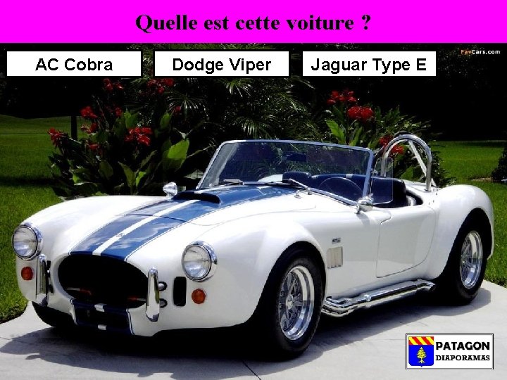 Quelle est cette voiture ? AC Cobra Dodge Viper Jaguar Type E 
