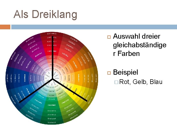 Als Dreiklang Auswahl dreier gleichabständige r Farben Beispiel � Rot, Gelb, Blau 