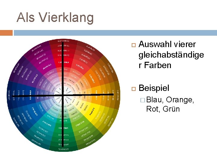 Als Vierklang Auswahl vierer gleichabständige r Farben Beispiel � Blau, Orange, Rot, Grün 