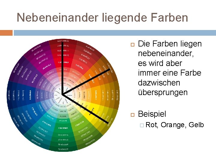 Nebeneinander liegende Farben Die Farben liegen nebeneinander, es wird aber immer eine Farbe dazwischen