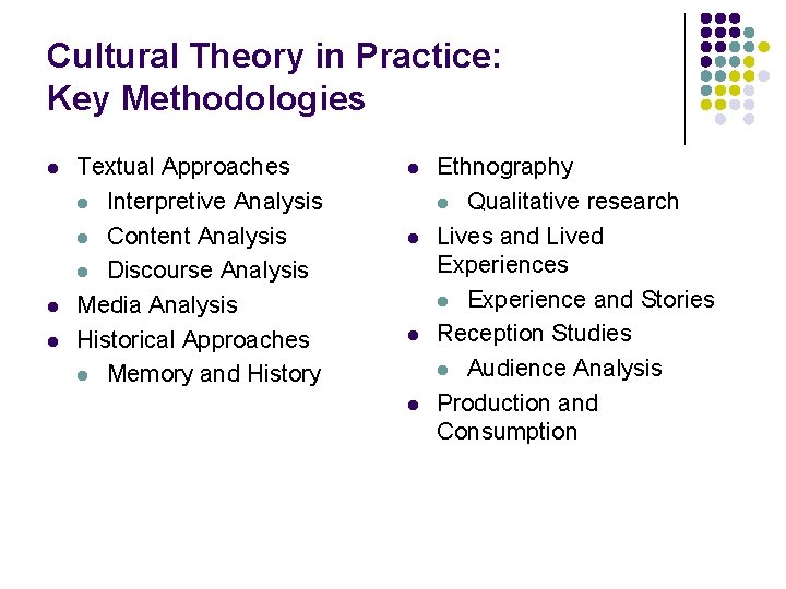 Cultural Theory in Practice: Key Methodologies l l l Textual Approaches l Interpretive Analysis