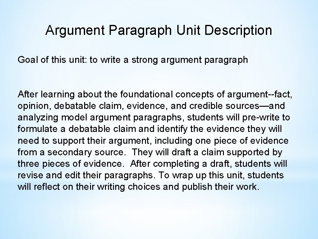 Argument Paragraph Unit Description Goal of this unit: to write a strong argument paragraph