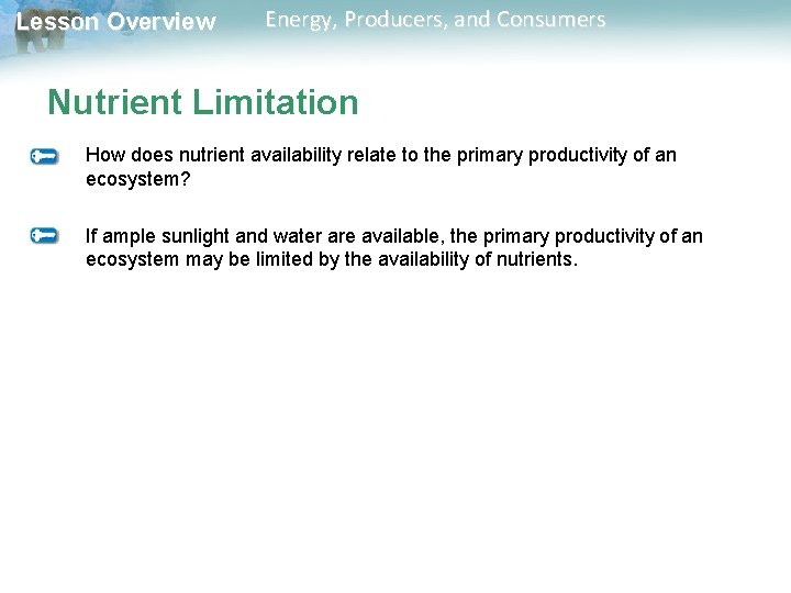 Lesson Overview Energy, Producers, and Consumers Nutrient Limitation How does nutrient availability relate to Lesson Overview Energy, Producers, and Consumers Nutrient Limitation How does nutrient availability relate to