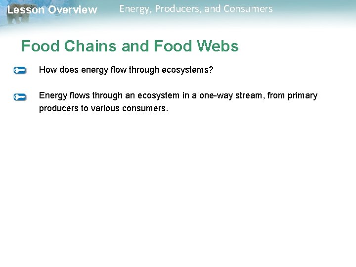 Lesson Overview Energy, Producers, and Consumers Food Chains and Food Webs How does energy Lesson Overview Energy, Producers, and Consumers Food Chains and Food Webs How does energy