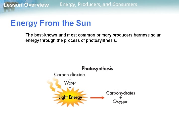 Lesson Overview Energy, Producers, and Consumers Energy From the Sun The best-known and most Lesson Overview Energy, Producers, and Consumers Energy From the Sun The best-known and most