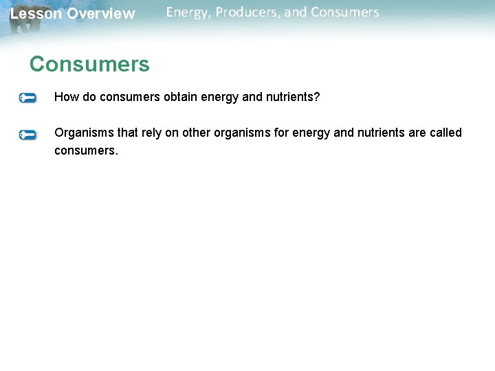 Lesson Overview Energy, Producers, and Consumers How do consumers obtain energy and nutrients? Organisms Lesson Overview Energy, Producers, and Consumers How do consumers obtain energy and nutrients? Organisms