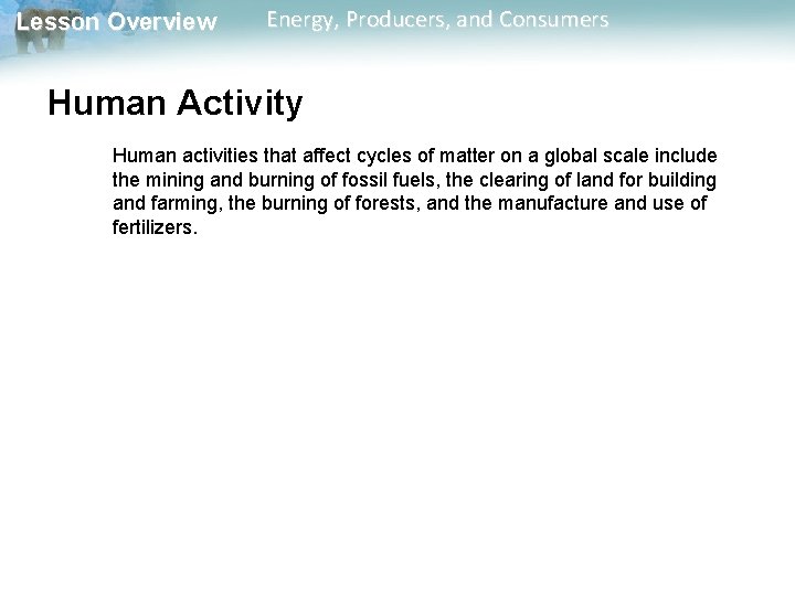 Lesson Overview Energy, Producers, and Consumers Human Activity Human activities that affect cycles of Lesson Overview Energy, Producers, and Consumers Human Activity Human activities that affect cycles of