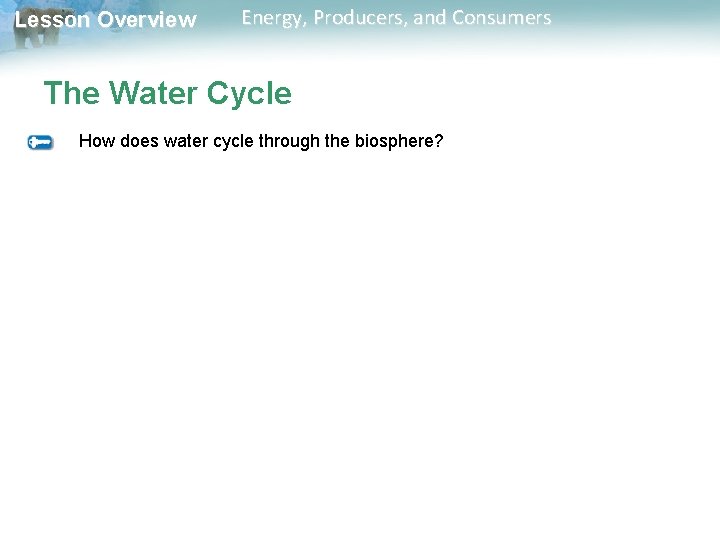 Lesson Overview Energy, Producers, and Consumers The Water Cycle How does water cycle through Lesson Overview Energy, Producers, and Consumers The Water Cycle How does water cycle through