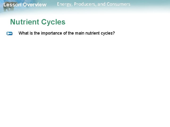Lesson Overview Energy, Producers, and Consumers Nutrient Cycles What is the importance of the Lesson Overview Energy, Producers, and Consumers Nutrient Cycles What is the importance of the
