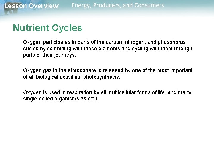 Lesson Overview Energy, Producers, and Consumers Nutrient Cycles Oxygen participates in parts of the Lesson Overview Energy, Producers, and Consumers Nutrient Cycles Oxygen participates in parts of the