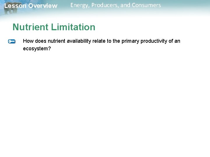 Lesson Overview Energy, Producers, and Consumers Nutrient Limitation How does nutrient availability relate to Lesson Overview Energy, Producers, and Consumers Nutrient Limitation How does nutrient availability relate to