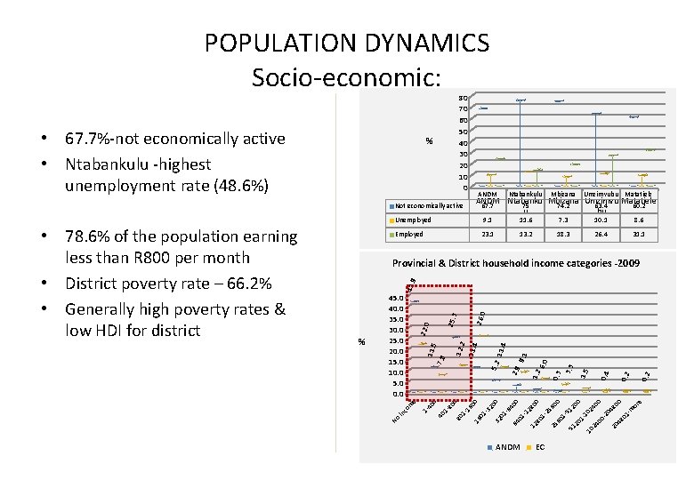 POPULATION DYNAMICS Socio-economic: • 67. 7%-not economically active • Ntabankulu -highest unemployment rate (48.