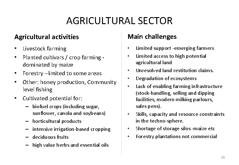 AGRICULTURAL SECTOR Agricultural activities Main challenges • Livestock farming • Planted cultivars / crop