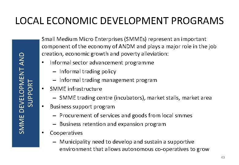 SMME DEVELOPMENT AND SUPPORT LOCAL ECONOMIC DEVELOPMENT PROGRAMS Small Medium Micro Enterprises (SMMEs) represent