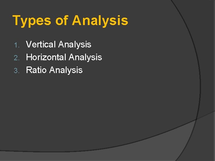 Types of Analysis Vertical Analysis 2. Horizontal Analysis 3. Ratio Analysis 1. 