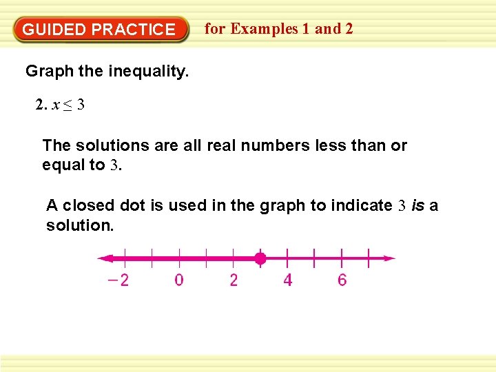 GUIDED PRACTICE for Examples 1 and 2 Graph the inequality. 2. x ≤ 3