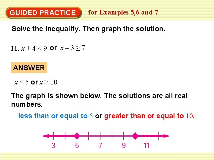 GUIDED PRACTICE for Examples 5, 6 and 7 Solve the inequality. Then graph the