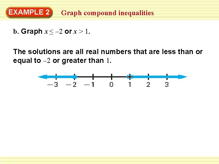 EXAMPLE 2 Graph compound inequalities b. Graph x ≤ – 2 or x >