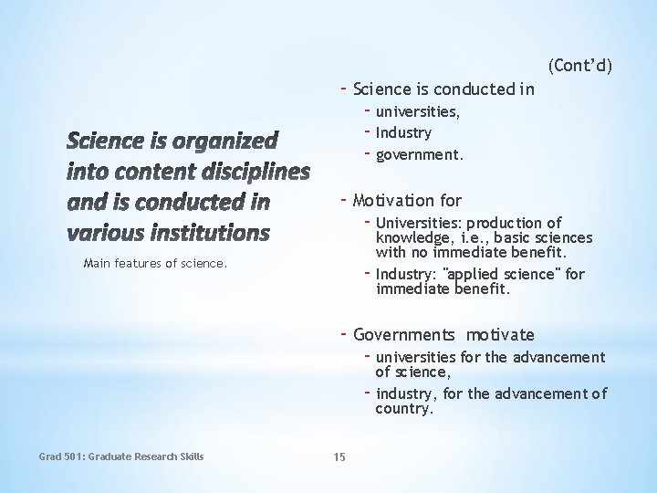 - Science is conducted in (Cont’d) - universities, - Industry - government. - Motivation