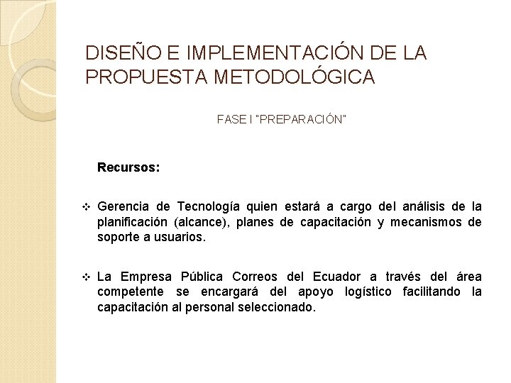 DISEÑO E IMPLEMENTACIÓN DE LA PROPUESTA METODOLÓGICA FASE I “PREPARACIÓN” Recursos: v Gerencia de