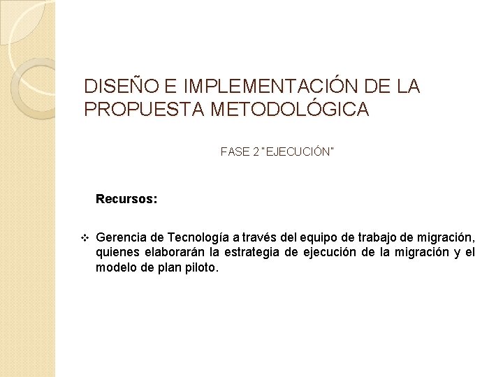 DISEÑO E IMPLEMENTACIÓN DE LA PROPUESTA METODOLÓGICA FASE 2 “EJECUCIÓN” Recursos: v Gerencia de