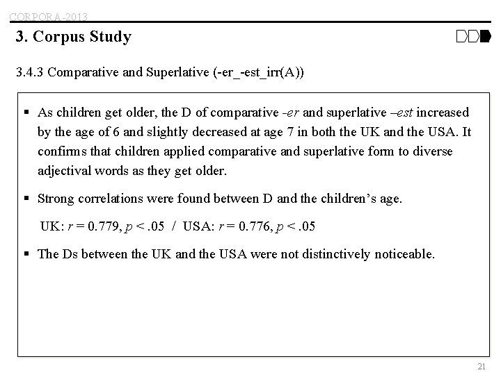 CORPORA-2013 3. Corpus Study 3. 4. 3 Comparative and Superlative (-er_-est_irr(A)) § As children