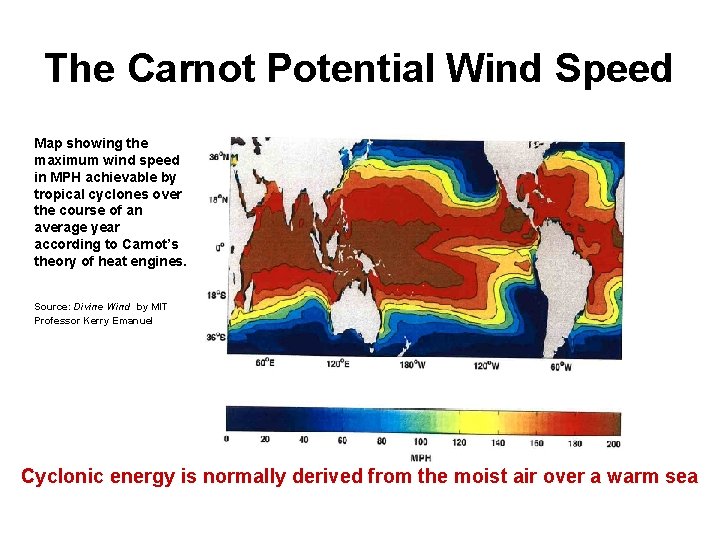 The Carnot Potential Wind Speed Map showing the maximum wind speed in MPH achievable