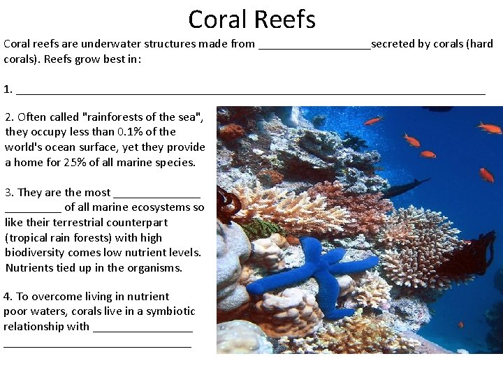 Coral Reefs Coral reefs are underwater structures made from _________secreted by corals (hard corals).