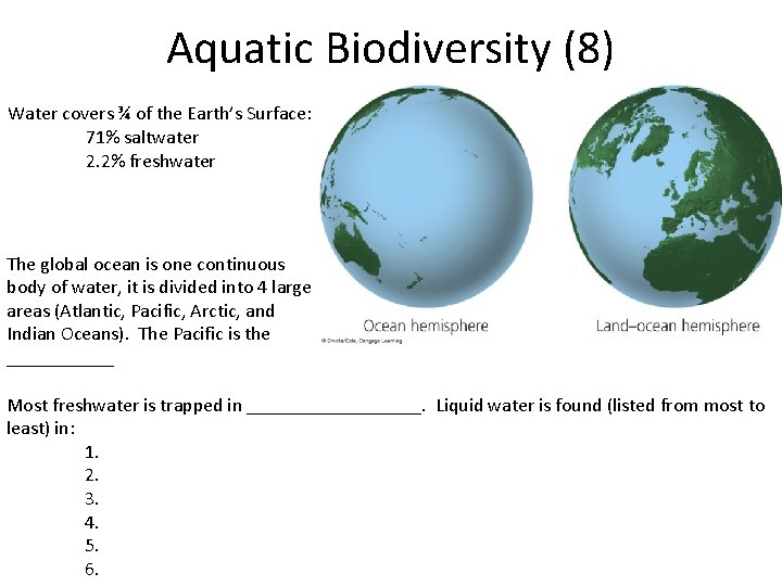 Aquatic Biodiversity (8) Water covers ¾ of the Earth’s Surface: 71% saltwater 2. 2%