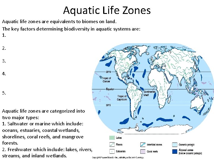 Aquatic Life Zones Aquatic life zones are equivalents to biomes on land. The key