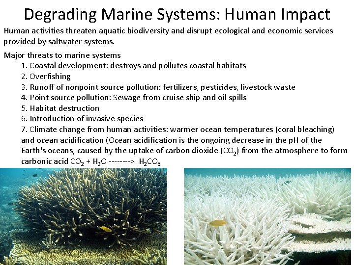 Degrading Marine Systems: Human Impact Human activities threaten aquatic biodiversity and disrupt ecological and