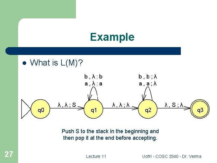 Example l What is L(M)? Push S to the stack in the beginning and