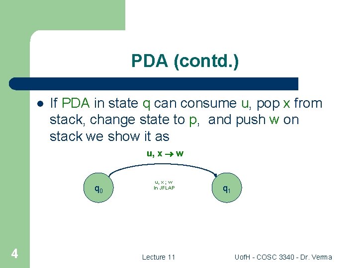 PDA (contd. ) l If PDA in state q can consume u, pop x