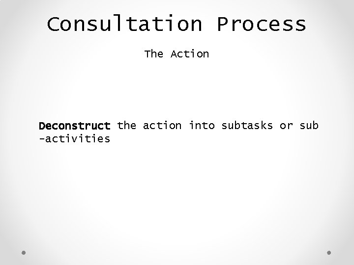 Consultation Process The Action Deconstruct the action into subtasks or sub -activities 