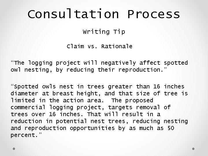 Consultation Process Writing Tip Claim vs. Rationale “The logging project will negatively affect spotted