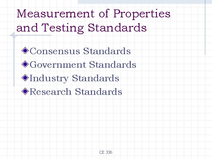 Measurement of Properties and Testing Standards Consensus Standards Government Standards Industry Standards Research Standards