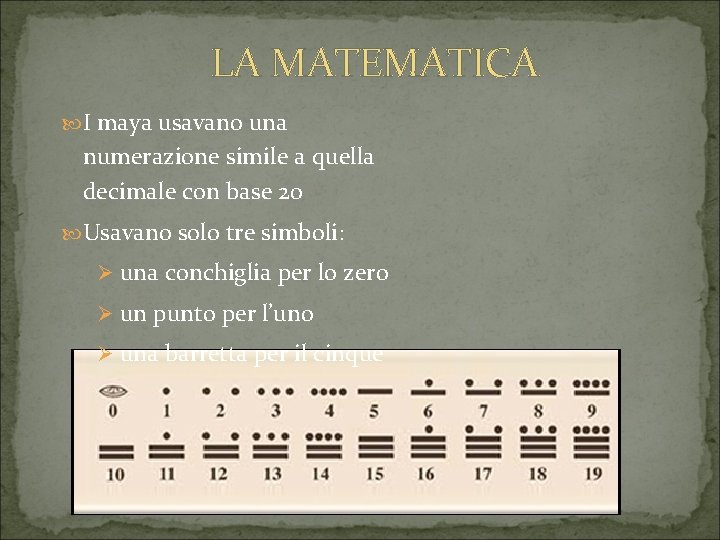 LA MATEMATICA I maya usavano una numerazione simile a quella decimale con base 20