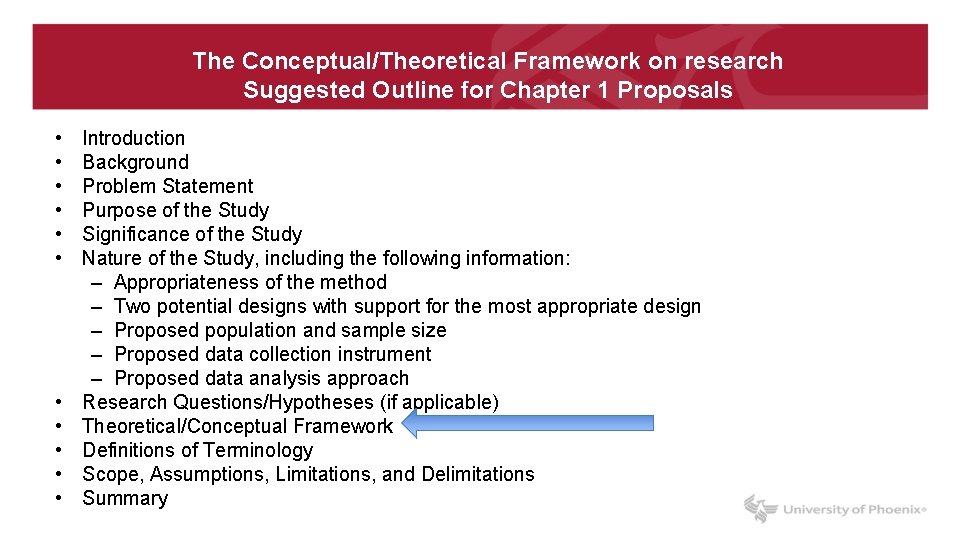 The Conceptual/Theoretical Framework on research Suggested Outline for Chapter 1 Proposals • • •