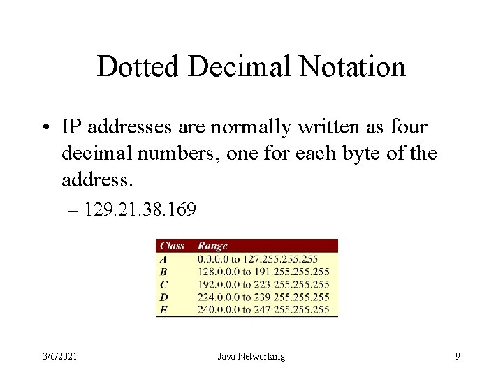 Dotted Decimal Notation • IP addresses are normally written as four decimal numbers, one