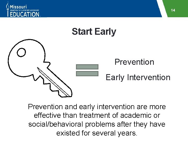 14 Start Early Prevention Early Intervention Prevention and early intervention are more effective than