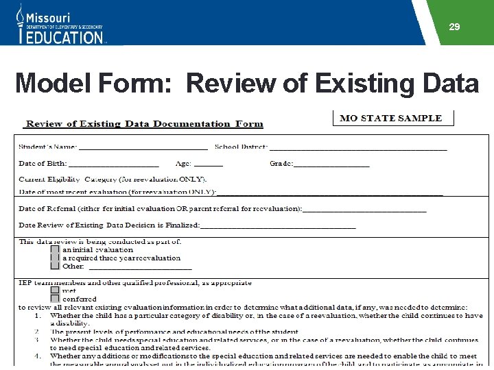 29 Model Form: Review of Existing Data 
