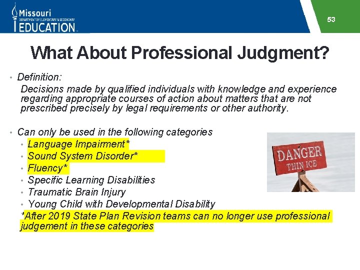 53 What About Professional Judgment? • Definition: Decisions made by qualified individuals with knowledge