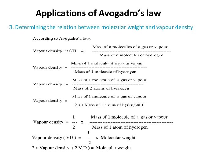 Applications of Avogadro’s law 3. Determining the relation between molecular weight and vapour density