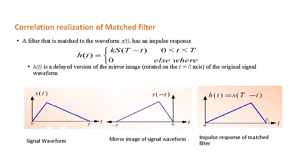 Correlation realization of Matched filter • A filter that is matched to the waveform Correlation realization of Matched filter • A filter that is matched to the waveform