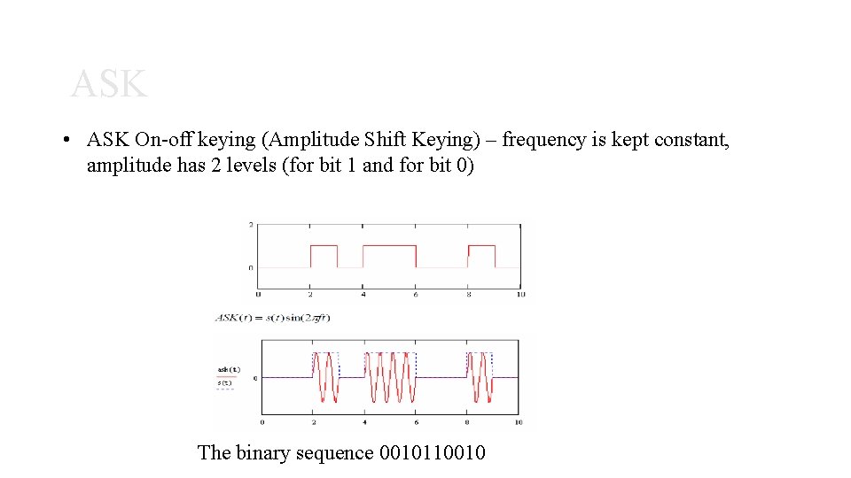 ASK • ASK On-off keying (Amplitude Shift Keying) – frequency is kept constant, amplitude ASK • ASK On-off keying (Amplitude Shift Keying) – frequency is kept constant, amplitude