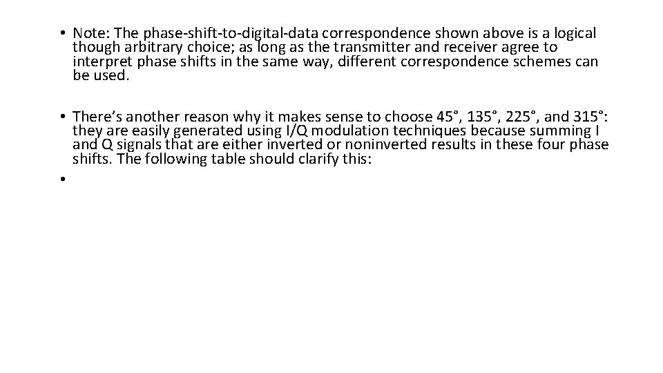 • Note: The phase-shift-to-digital-data correspondence shown above is a logical though arbitrary choice; • Note: The phase-shift-to-digital-data correspondence shown above is a logical though arbitrary choice;