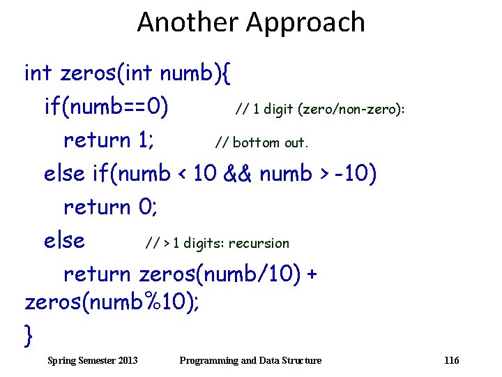 Another Approach int zeros(int numb){ if(numb==0) // 1 digit (zero/non-zero): return 1; // bottom