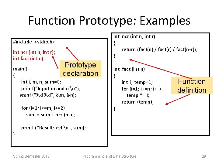 Function Prototype: Examples int ncr (int n, int r) { return (fact(n) / fact(r)